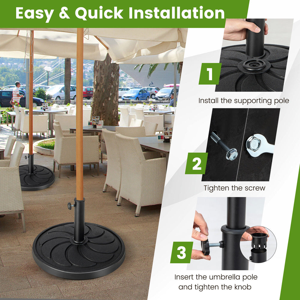 Round outdoor umbrella base with a 21.5-inch diameter, made of durable resin, suitable for various patio umbrellas.
