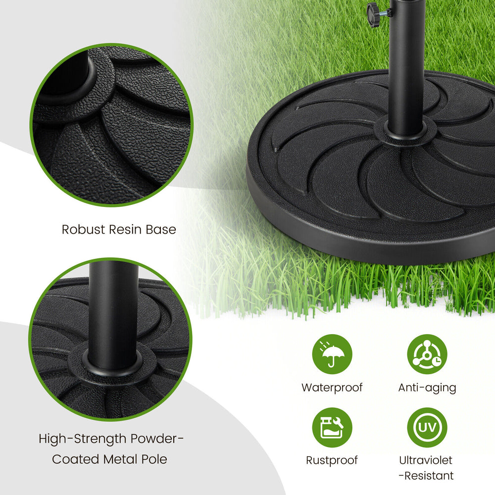 Round outdoor umbrella base with a robust resin base and powder-coated metal pole, ideal for patio and garden use.