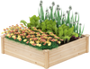 Wood raised garden bed in natural fir, 40" x 40", filled with colorful flowers and greens for backyard gardening.