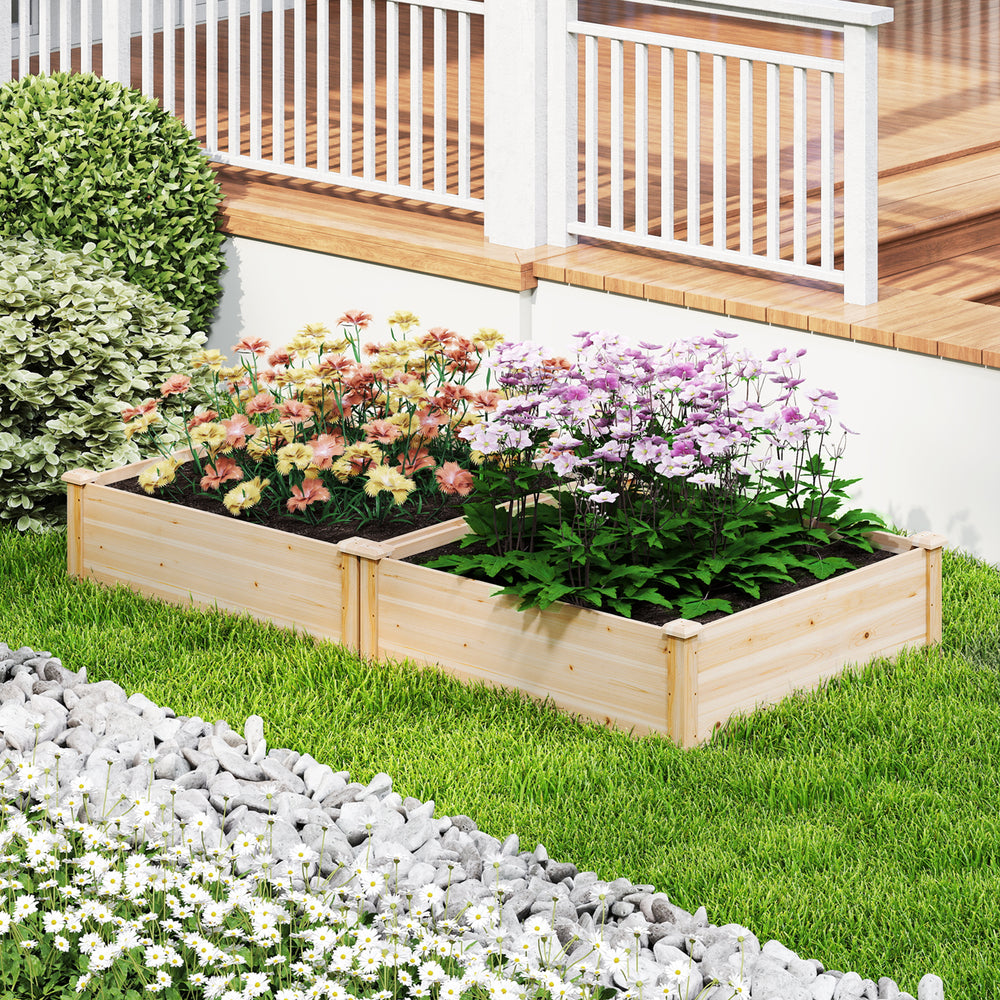Natural fir wood raised garden bed, 40" x 40", ideal for flowers and vegetables, placed in a lush outdoor setting.
