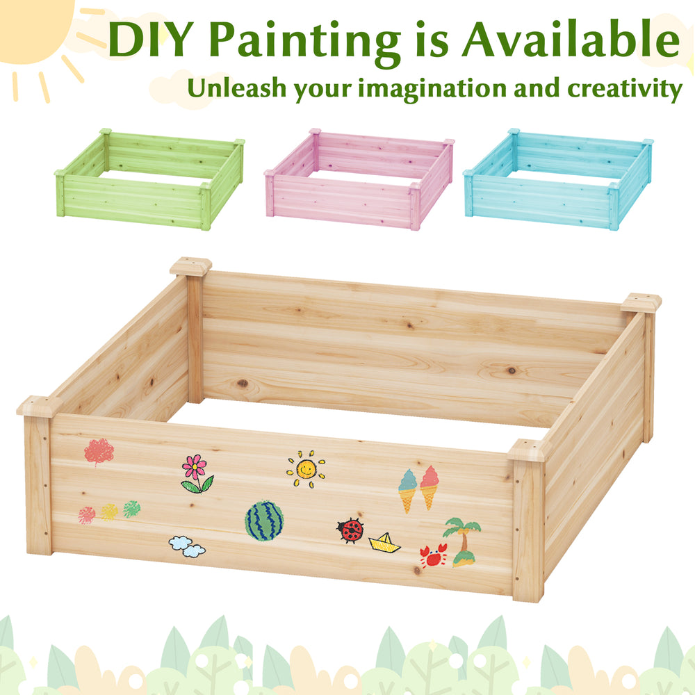 40" x 40" outdoor wood raised garden bed in natural fir, perfect for growing plants, with DIY painting option available.