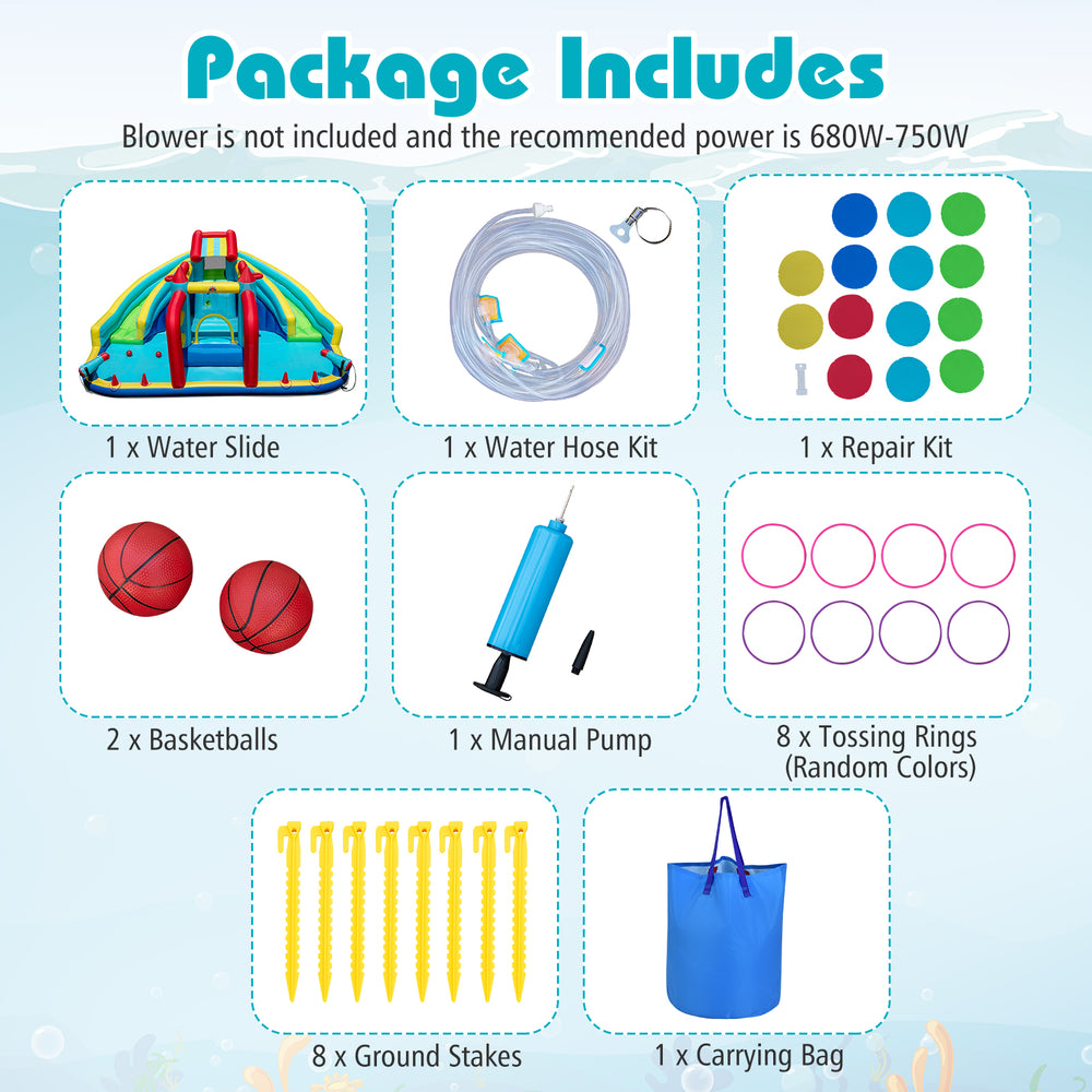 Inflatable double water slide park with obstacle course, featuring basketball hoops and tossing rings for outdoor fun.