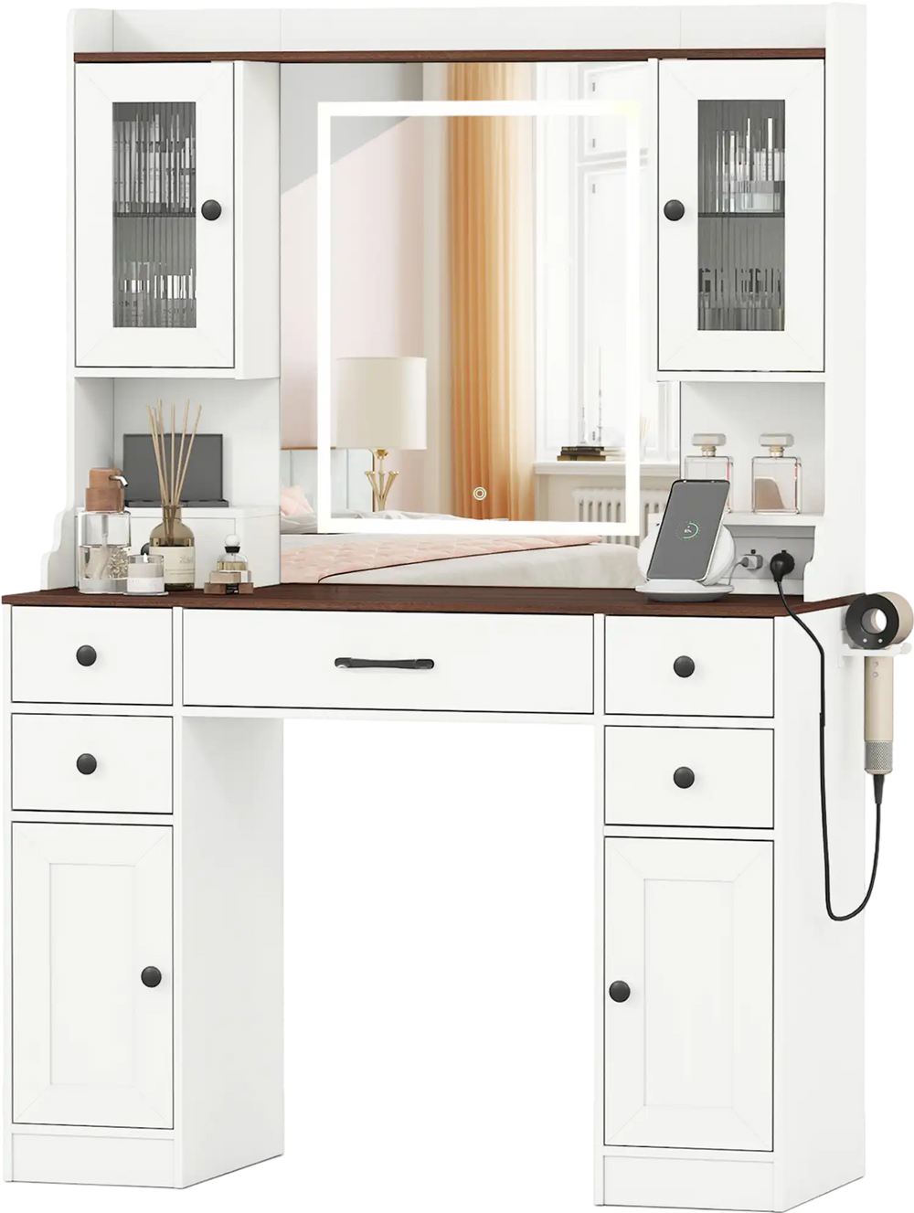 White 41.5-inch makeup dressing table with lighted mirror, power outlets, and ample storage for bedrooms or studios.