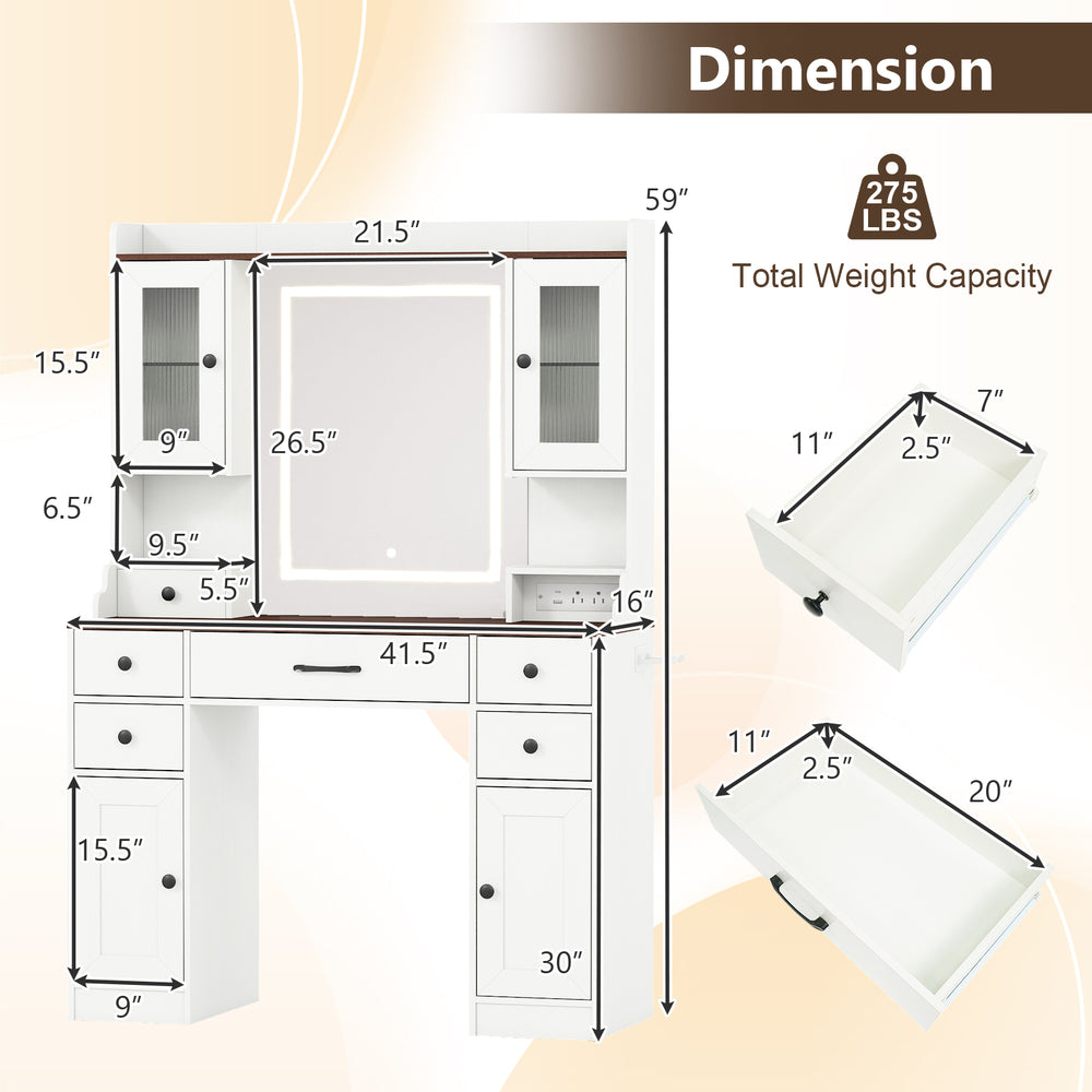 41.5-inch white makeup dressing table with adjustable lighted mirror, storage drawers, and built-in power outlets for.