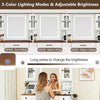 Makeup dressing table with lighted mirror, 3 color modes, and power outlets for convenient storage in white finish.