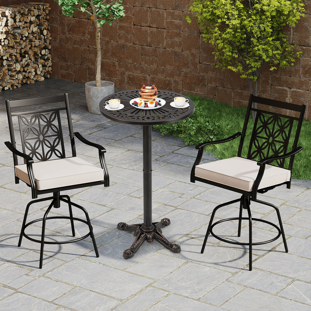 Round bar table in bronze, 41.5 inches, featuring a stable cross-shaped structure, perfect for outdoor dining setups.