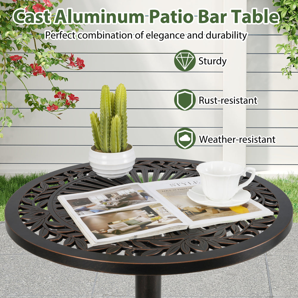 Round cast aluminum patio bar table with intricate patterns, rust-resistant, perfect for garden or poolside use.