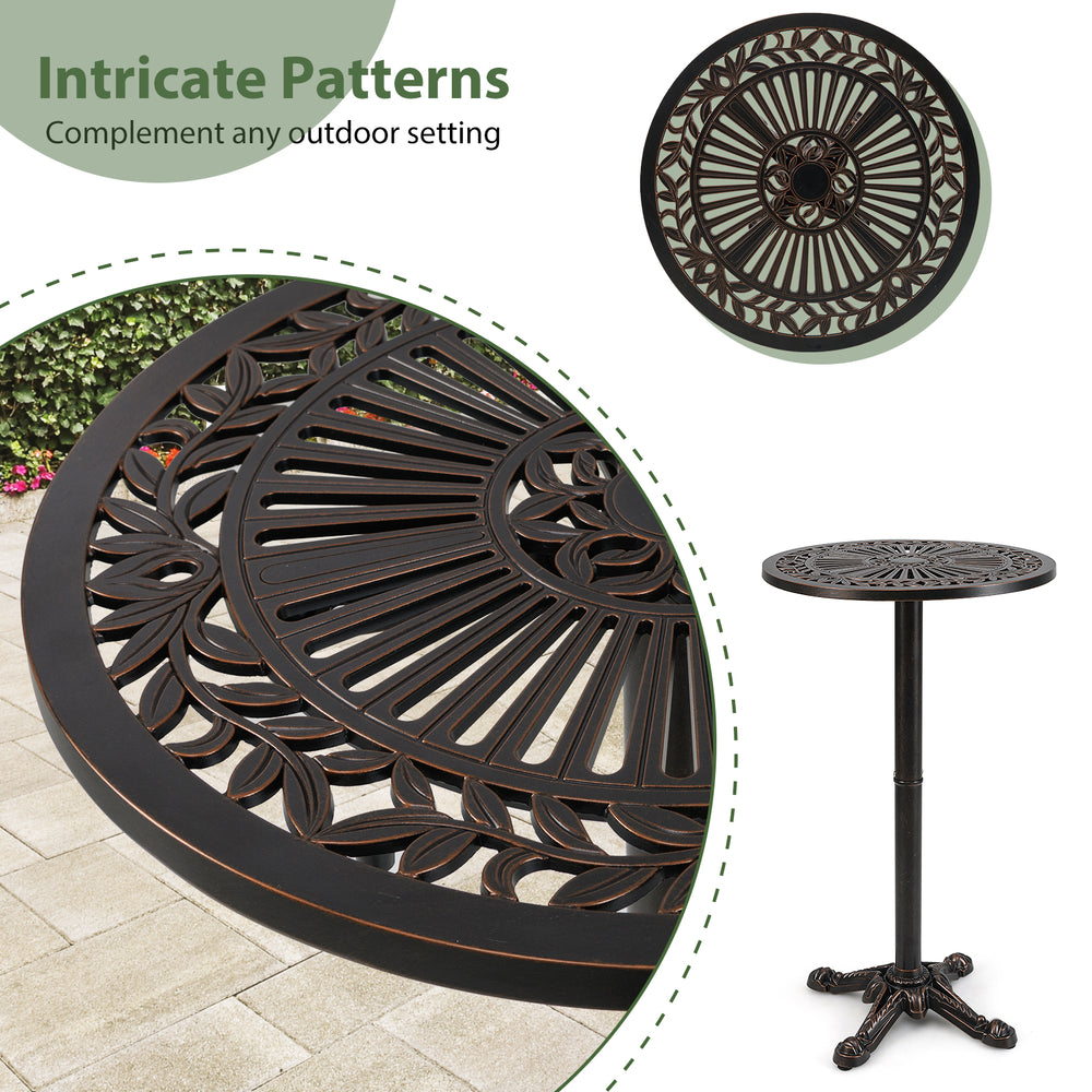 Round 41.5-inch cast aluminum patio bar table in bronze with intricate patterns, ideal for garden and outdoor settings.