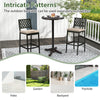 Round cast aluminum patio bar table with intricate patterns, suitable for garden, backyard, or poolside use.
