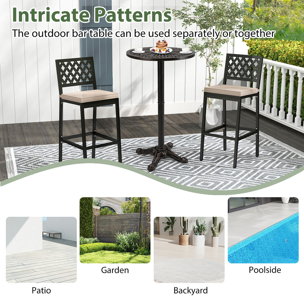 Round cast aluminum patio bar table with intricate patterns, suitable for garden, backyard, or poolside use.