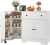 Modern white coffee bar cabinet with three doors, rolling wheels, and ample storage for kitchen or dining room use.