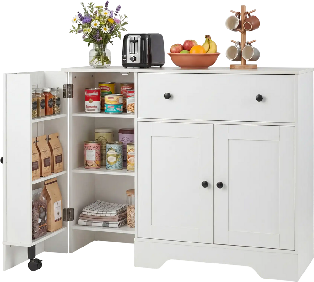 Modern white coffee bar cabinet with three doors, rolling wheels, and ample storage for kitchen or dining room use.