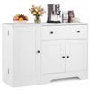 Modern white coffee bar cabinet with three doors, large drawer, and rolling wheels, perfect for kitchen or dining room use.