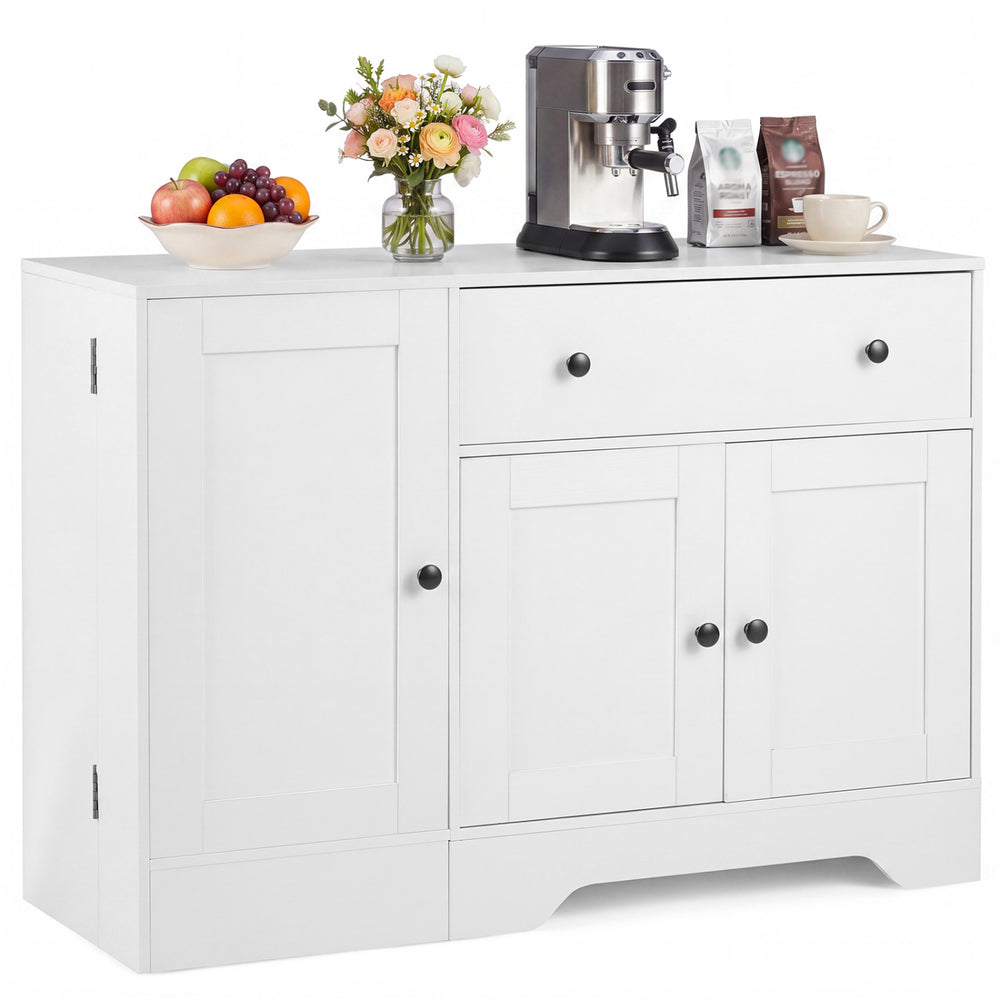 Modern white coffee bar cabinet with three doors, large drawer, and rolling wheels, perfect for kitchen or dining room use.