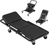 Foldable mechanic creeper in black with adjustable headrest and backrest, designed for vehicle repair work in garages.