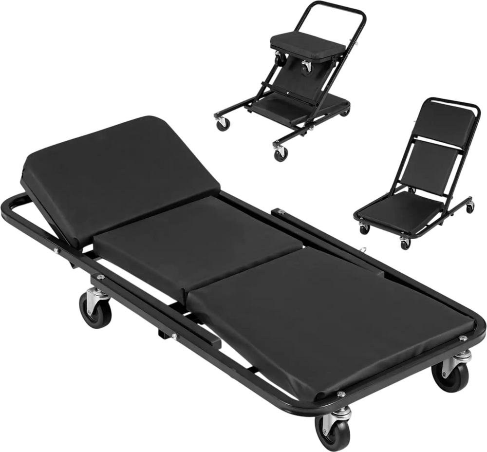 Foldable mechanic creeper in black with adjustable headrest and backrest, designed for vehicle repair work in garages.
