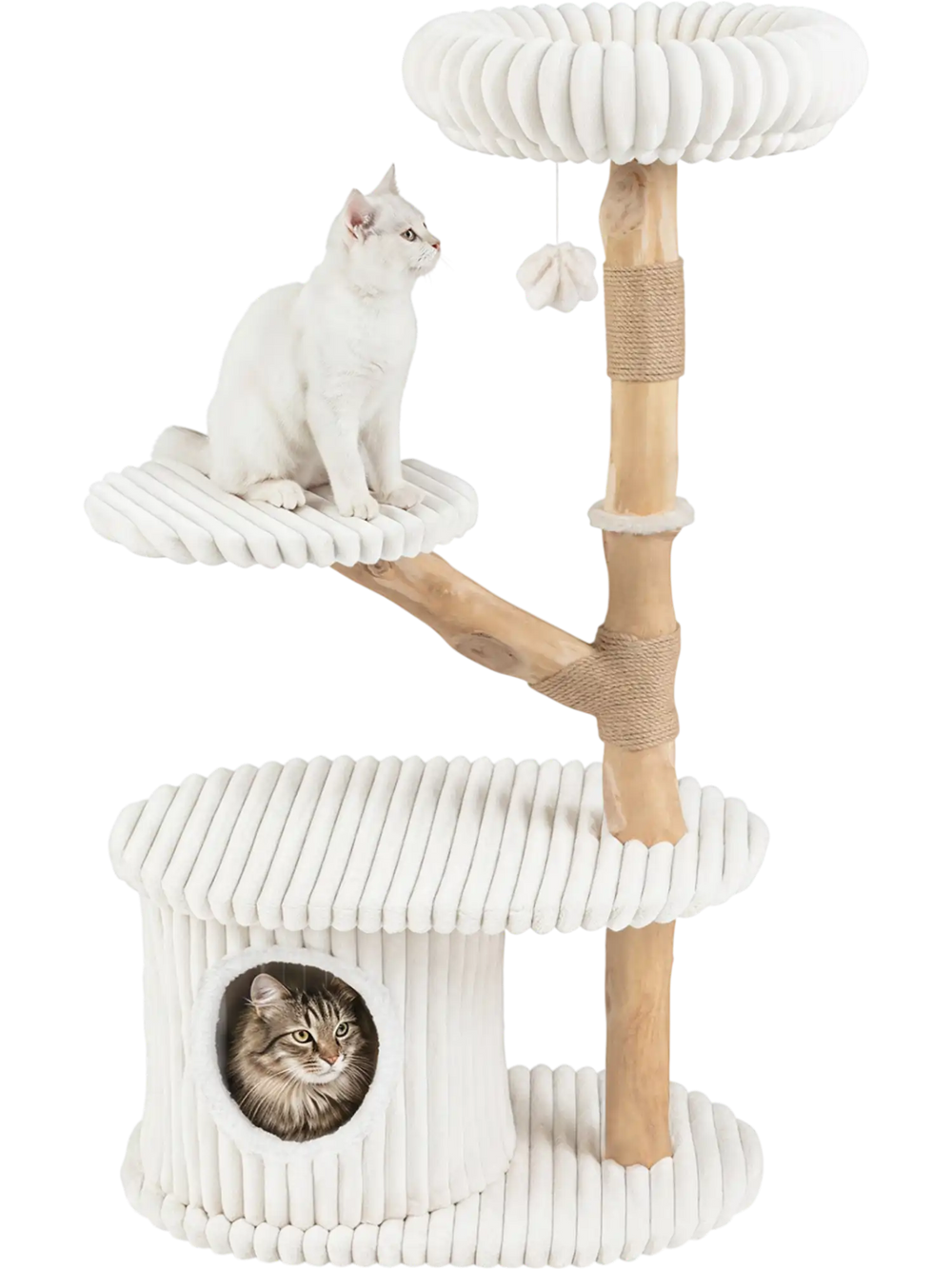 Multi-level beige cat tower with real wood branches, scratching posts, and a cozy condo for indoor cat play and relaxation.