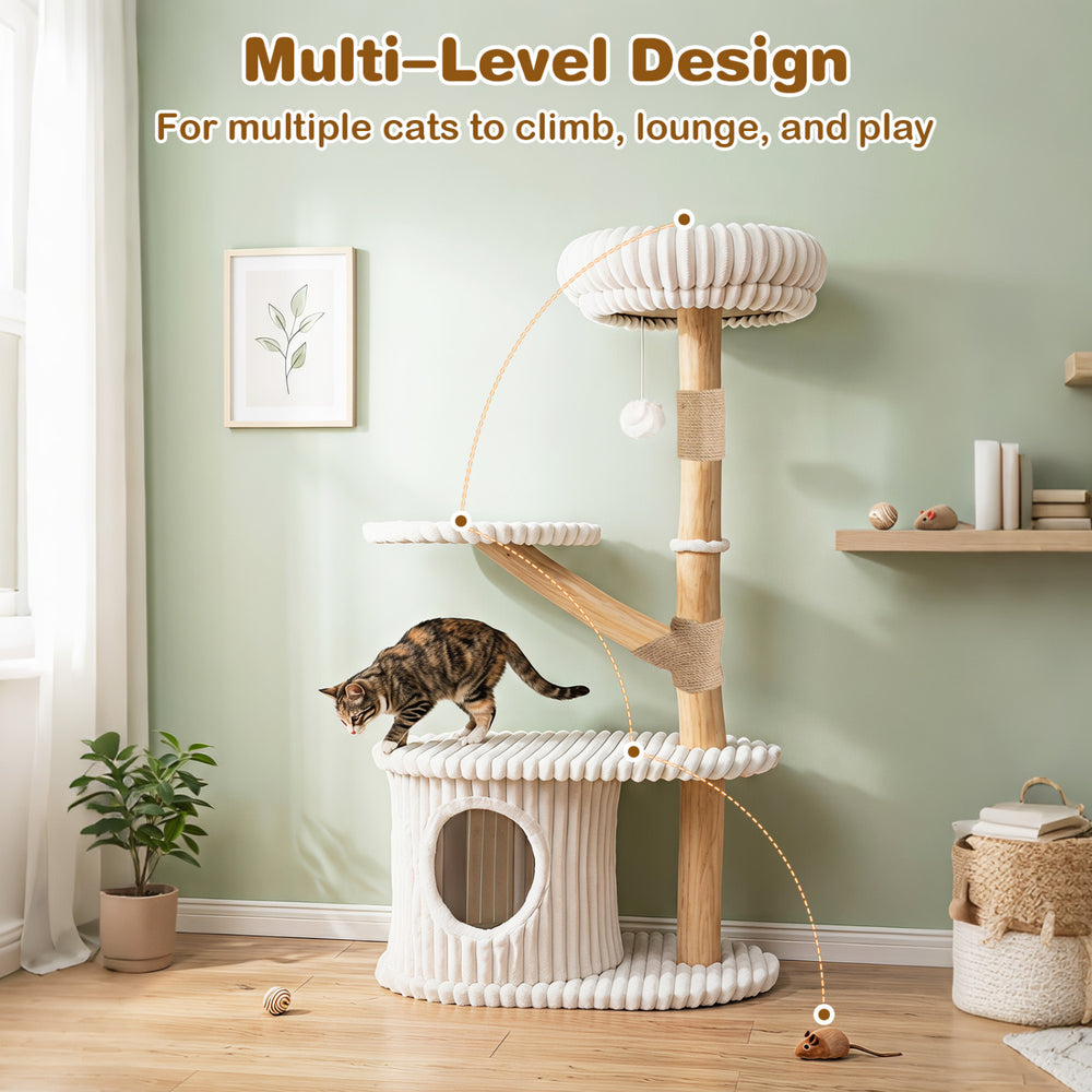 Multi-level beige cat tower features real wood branches, scratching posts, and a cozy condo for indoor play and relaxation.