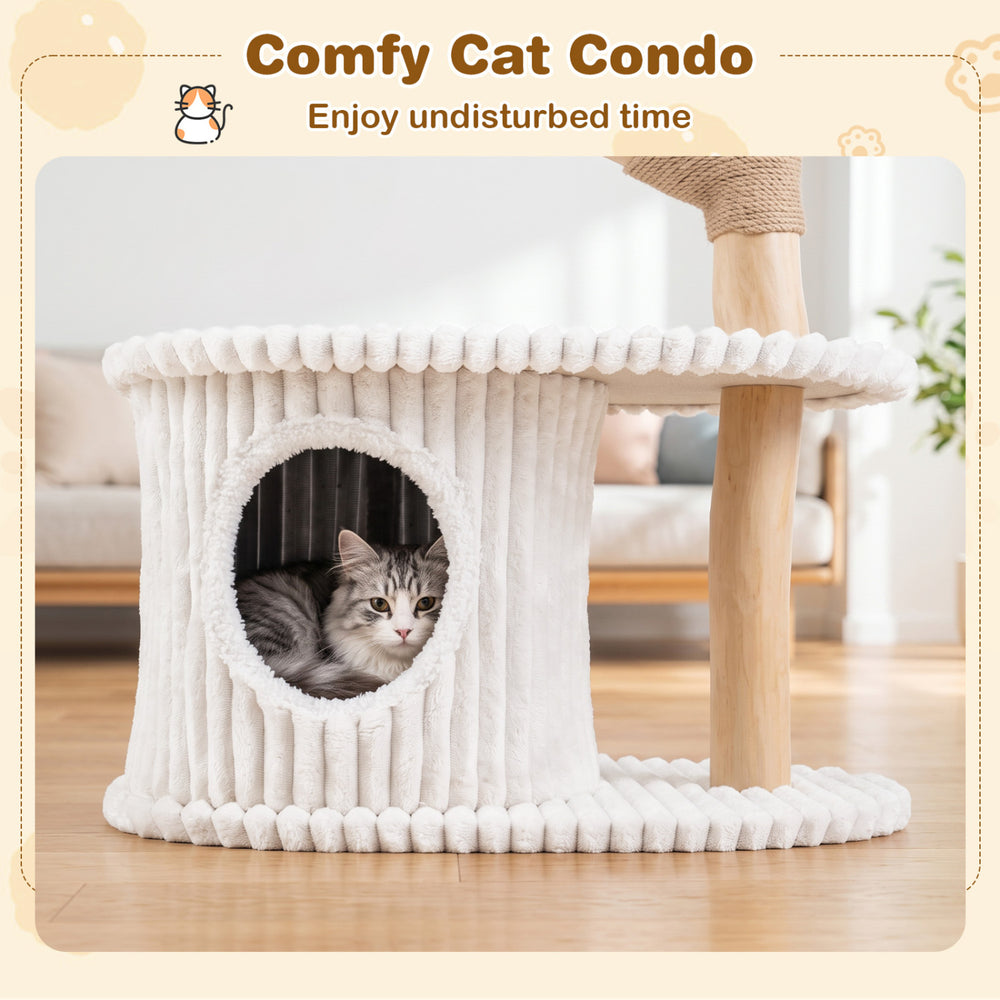 Cozy cat condo with plush cushion and real wood branches, perfect for climbing, lounging, and resting indoors.