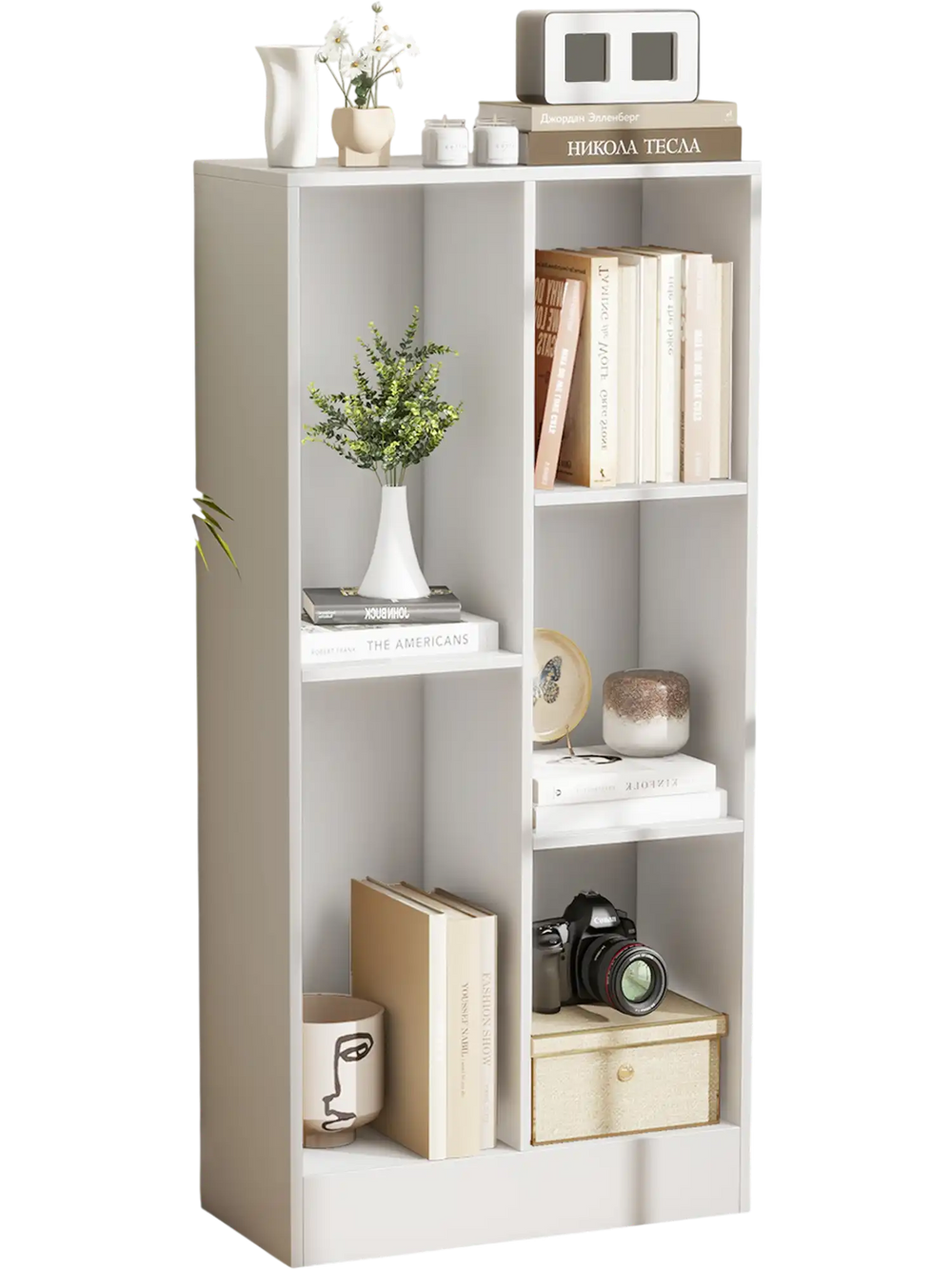 Five-cube floor bookcase in white, featuring sturdy construction and anti-tipping kits, ideal for books and decor.