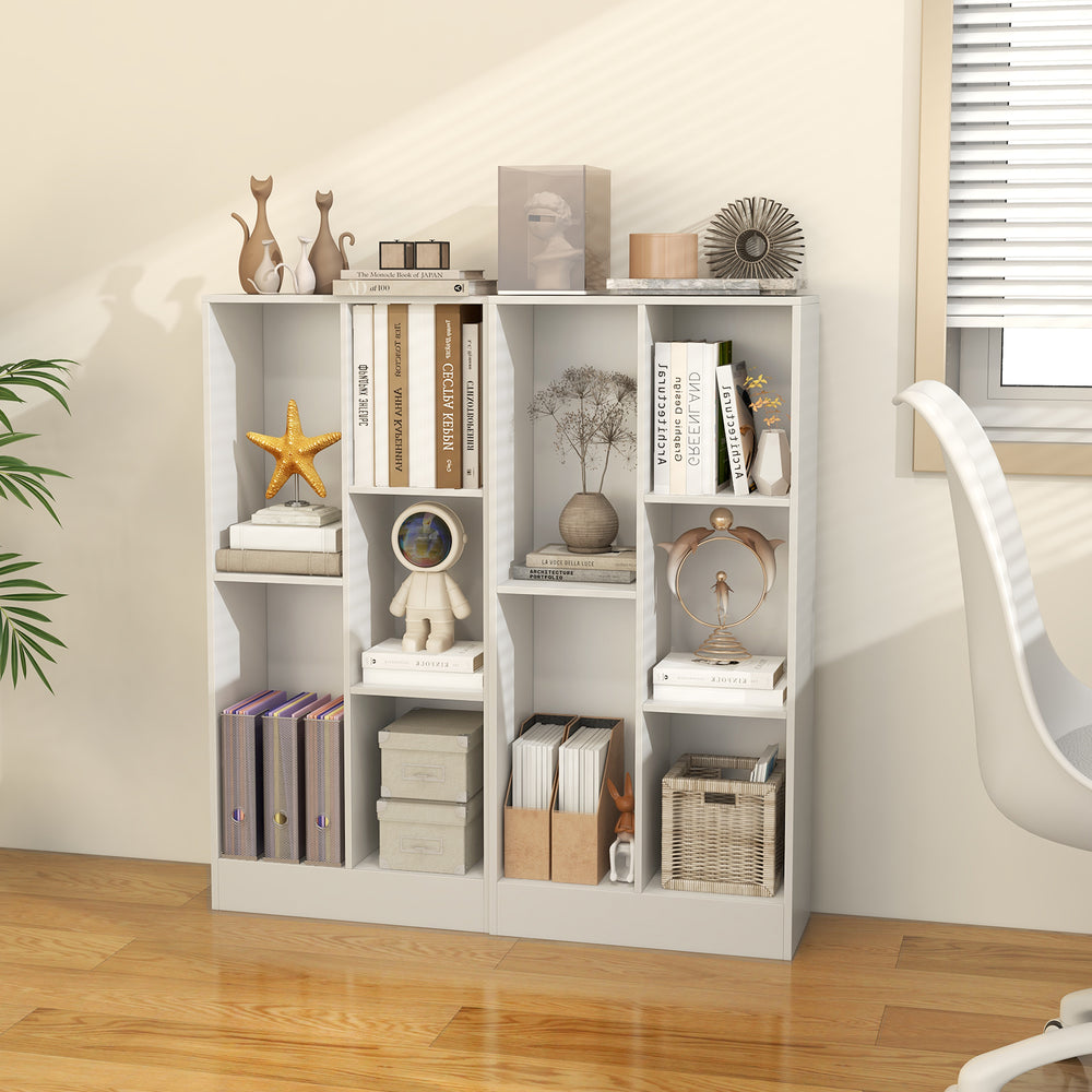 Five-cube floor bookcase in white, featuring various storage sizes and anti-tipping kits for safe home use.