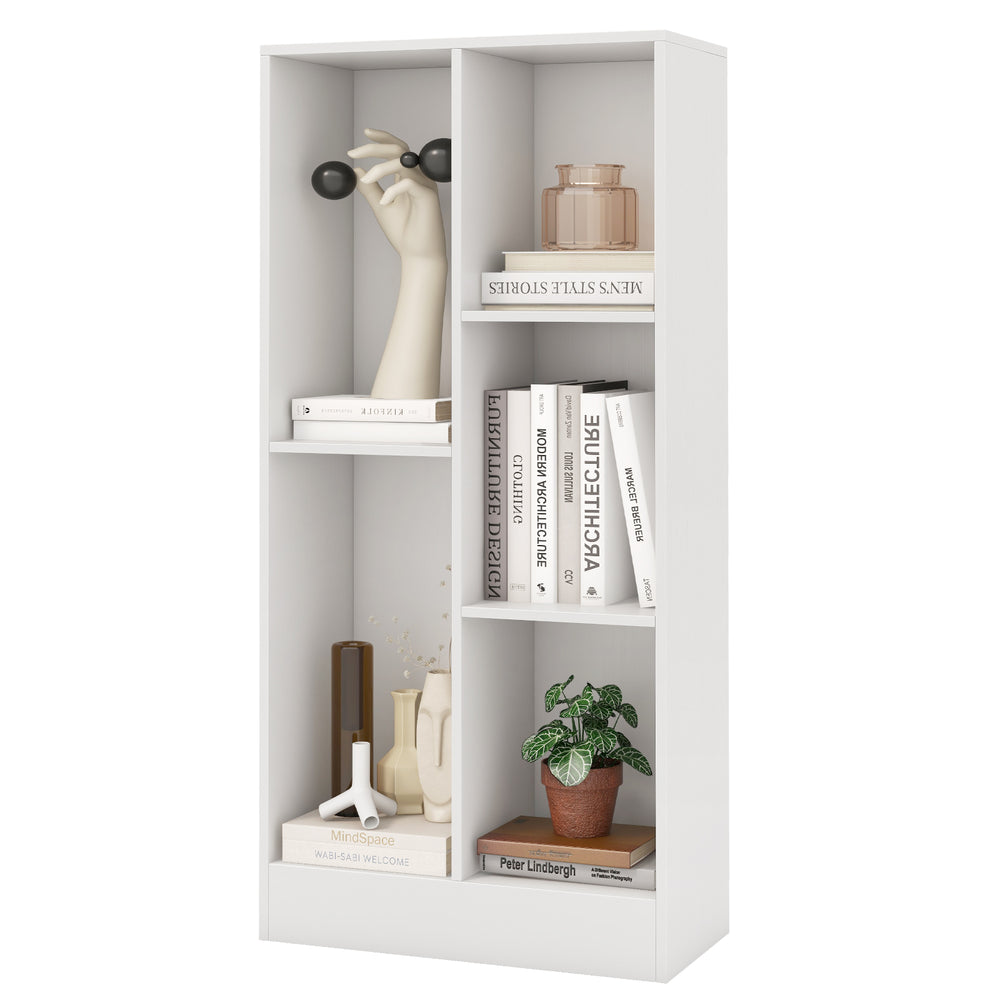 5-cube white bookshelf with varied storage sizes, anti-tipping design, and protective foot pads for home safety.