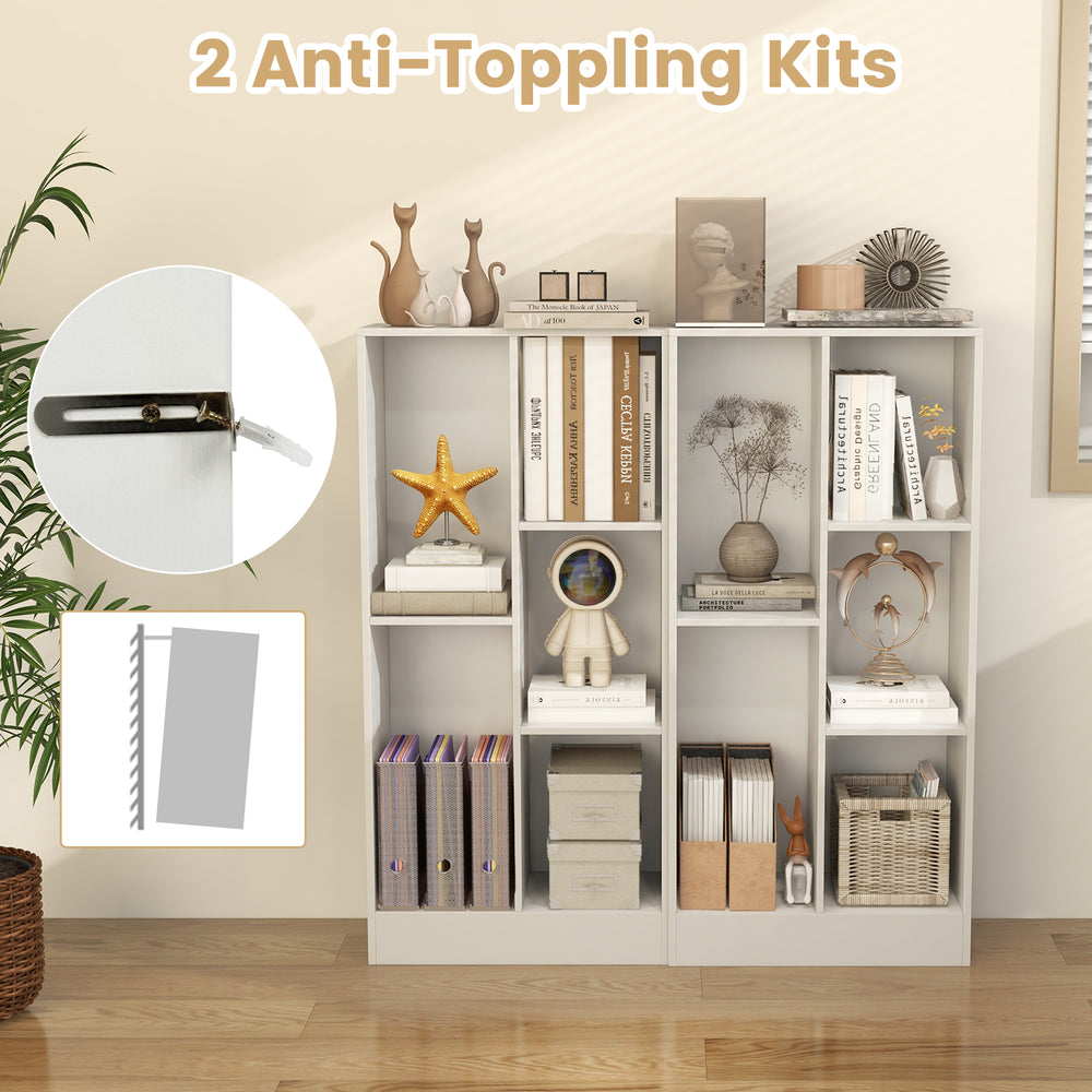 5-cube floor bookcase in white with anti-tipping kits, perfect for books and decorations, ensuring stability and safety.