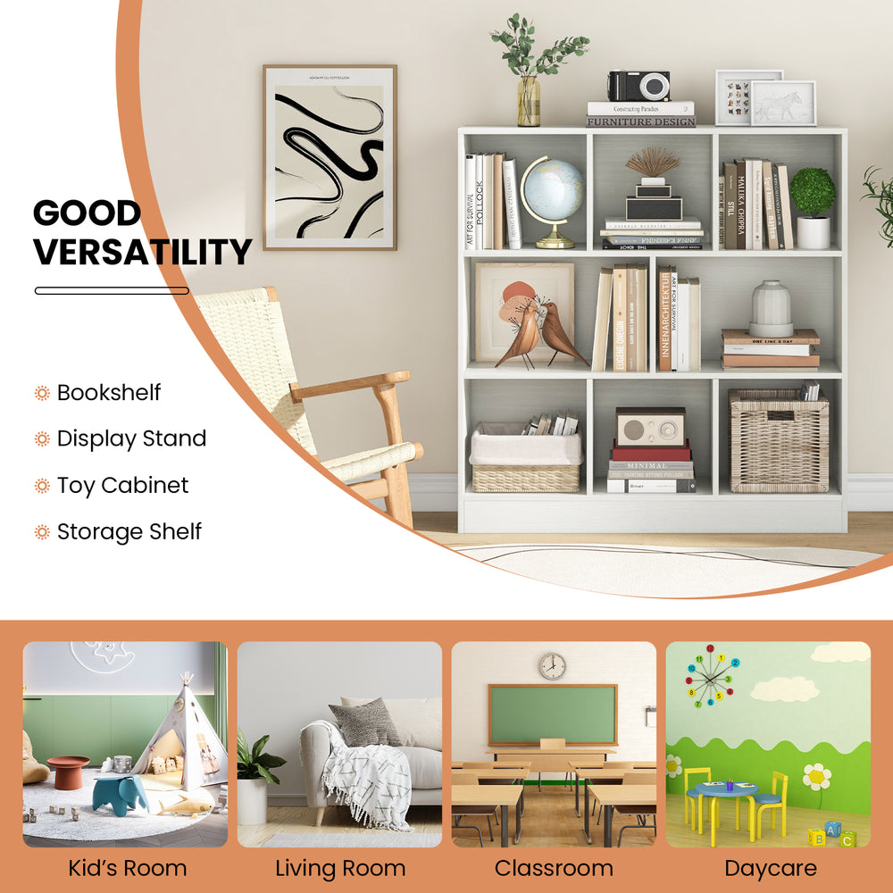 Freestanding 41-inch white bookcase with 8 open cubes, ideal for kids' rooms, classrooms, and daycare storage.