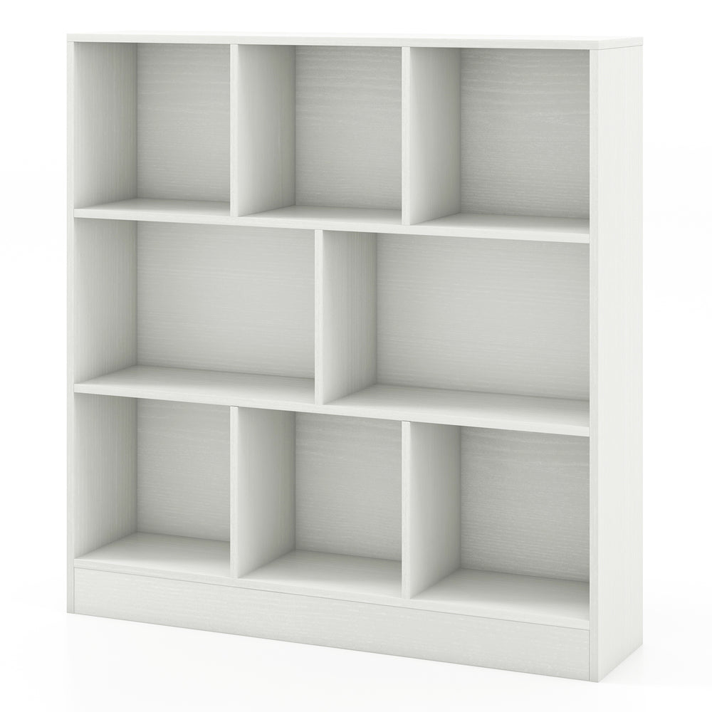 White 41-inch 8-cube freestanding bookcase for kids, ideal for storage and display in children's rooms or classrooms.