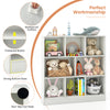 Freestanding 41-inch white bookcase with 8 open cubes, waterproof surface, and non-slip foot pads for kids' rooms.