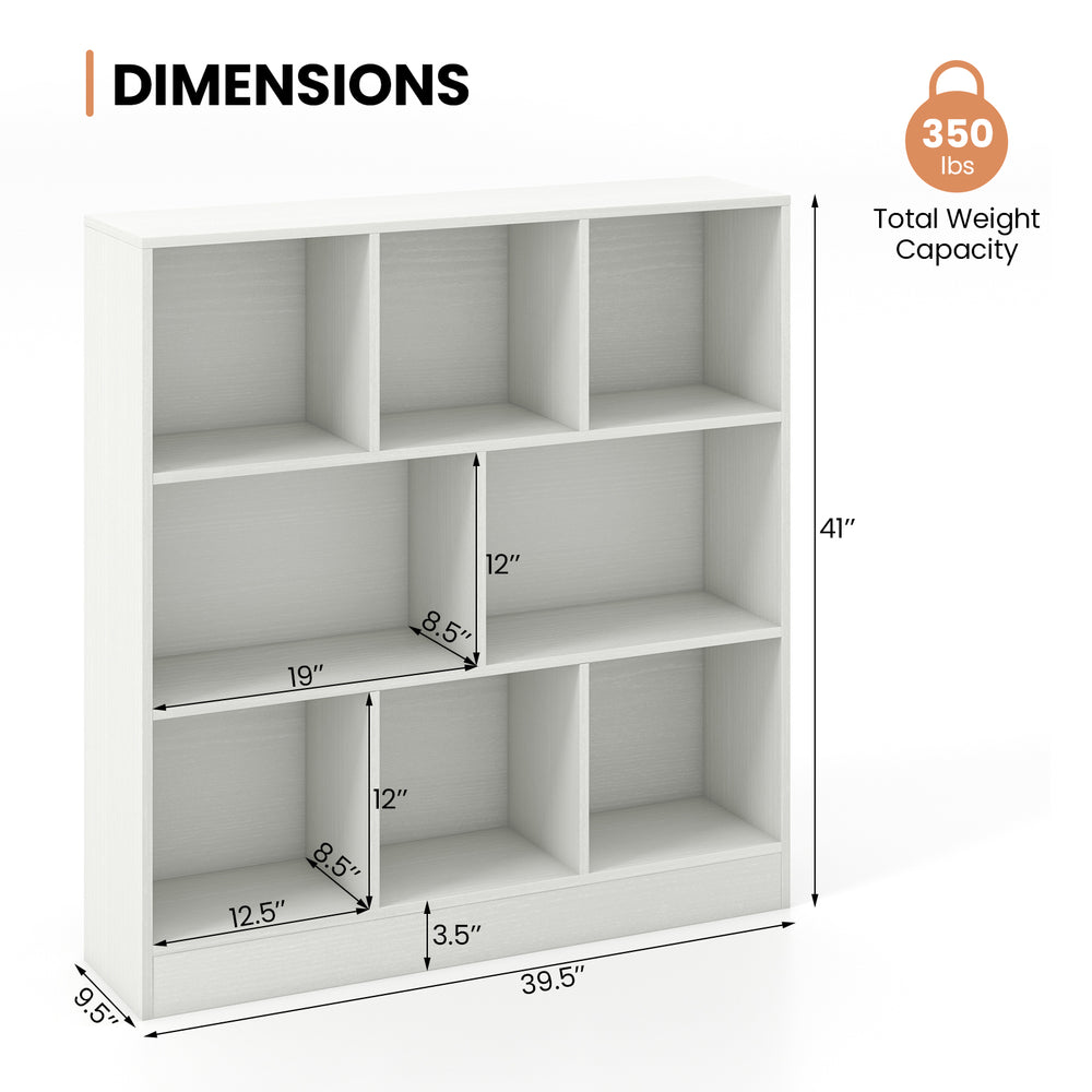41-inch white 8-cube freestanding bookcase with dimensions, ideal for kids' rooms and organization.
