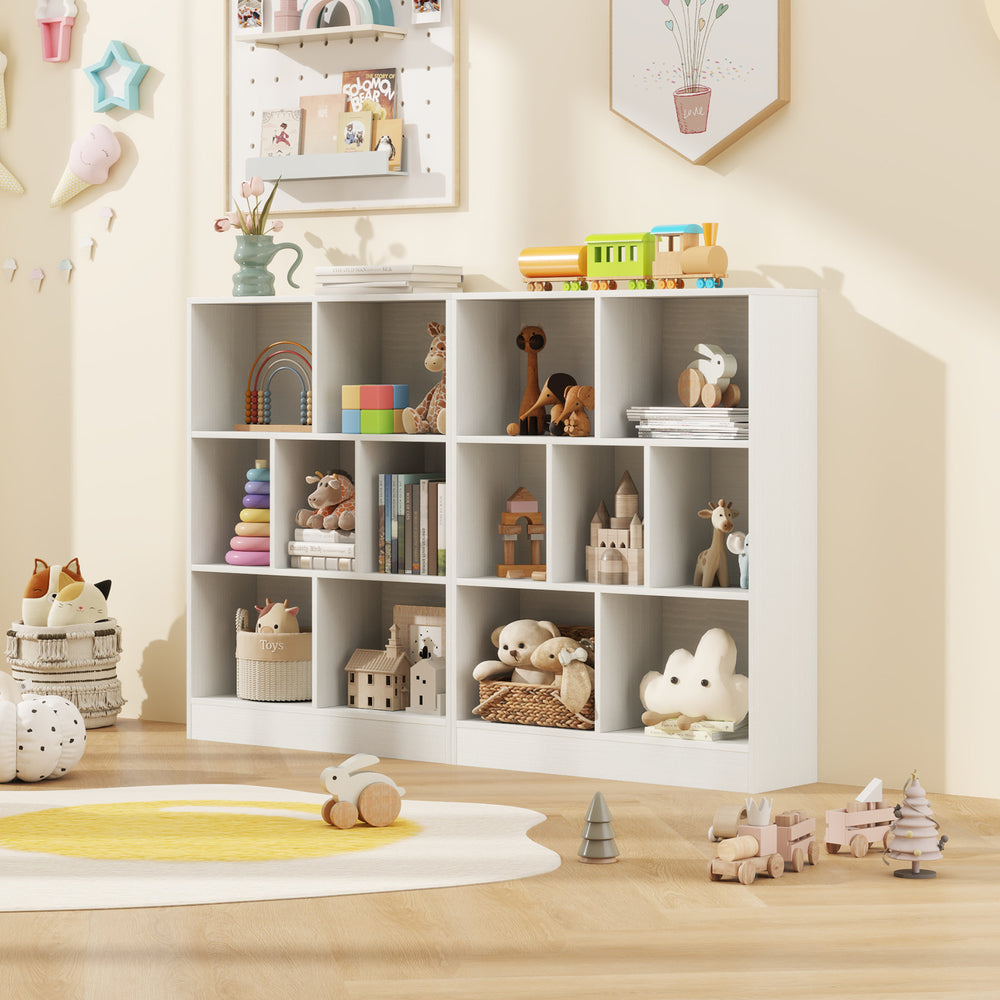 7-section freestanding bookshelf in white, ideal for kids' rooms, featuring open cubes for toys and books storage.