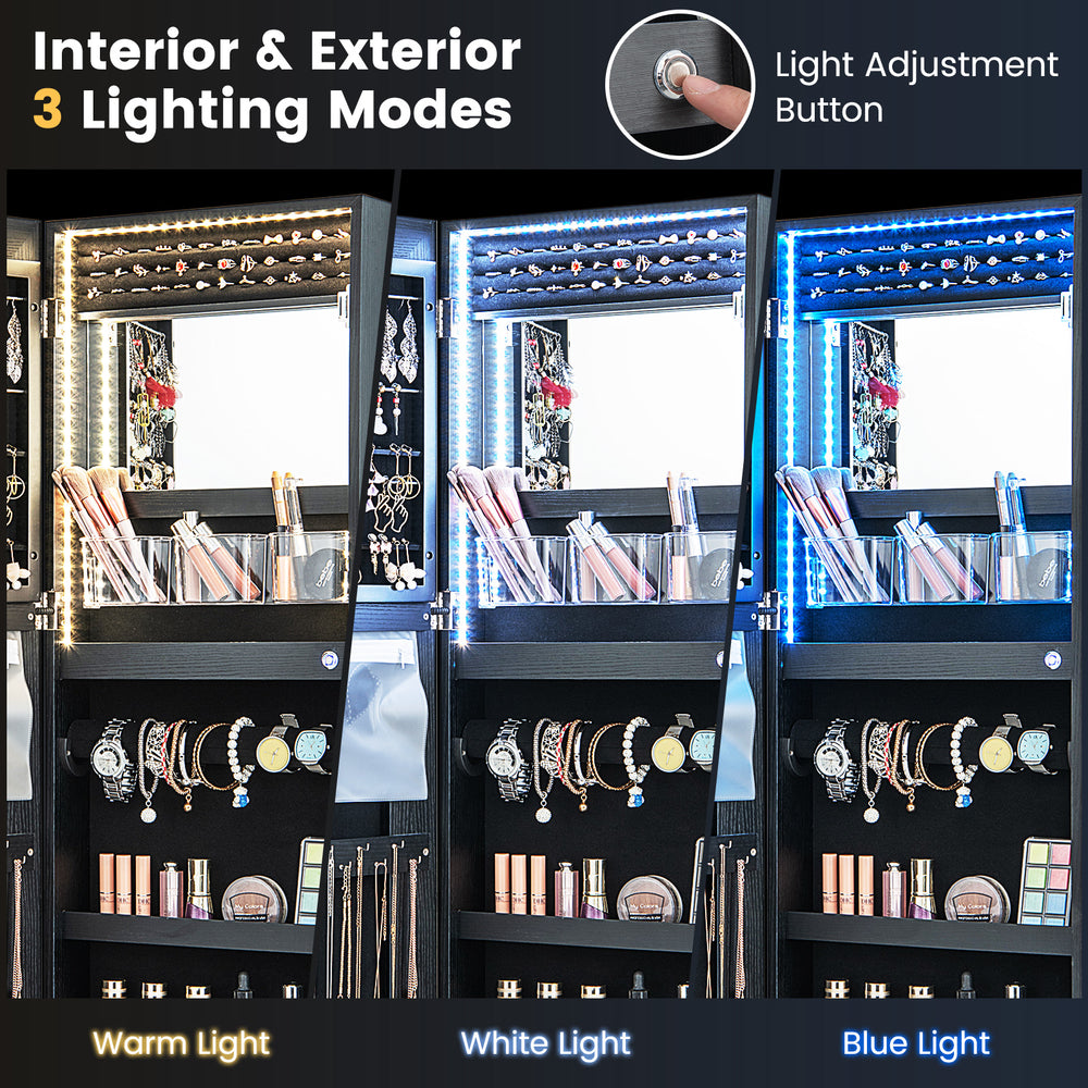 Lockable jewelry mirror wall cabinet with 3-color LED lights, featuring a full-length mirror and ample storage space.