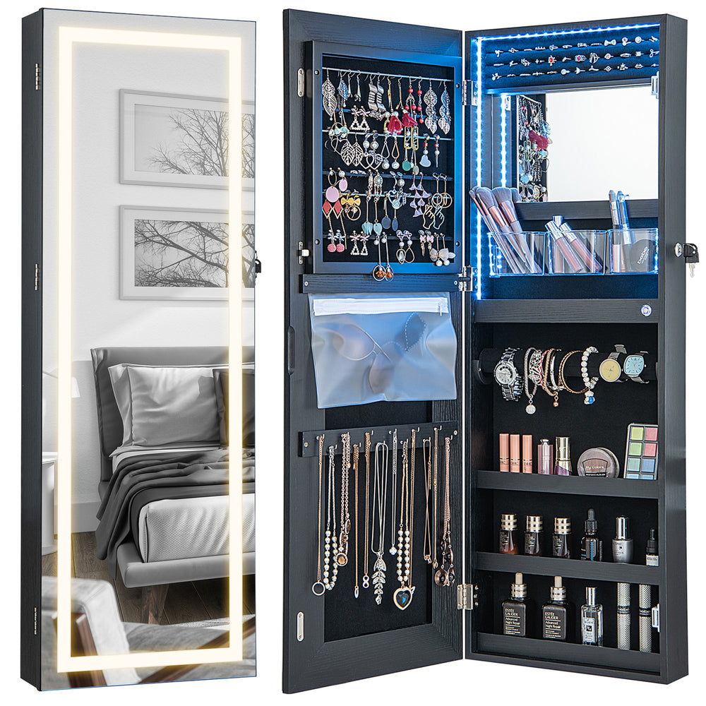 Lockable black jewelry mirror cabinet with LED lights, featuring ample storage and velvet lining for jewelry protection.