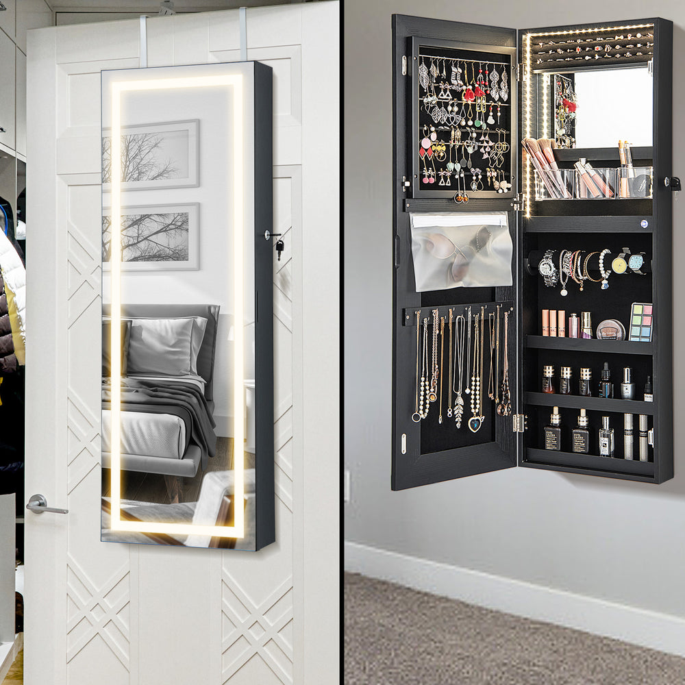 Lockable black jewelry mirror cabinet with LED lights, velvet lining, and ample storage for accessories and valuables.