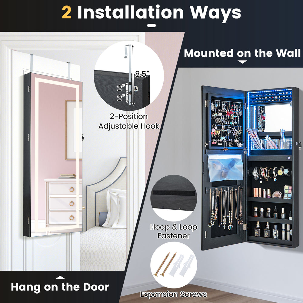 Lockable black jewelry mirror cabinet with LED lights, showcasing two installation options for versatile use.