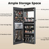 Lockable black jewelry mirror cabinet with LED lights, featuring ample storage for earrings, necklaces, and cosmetics.