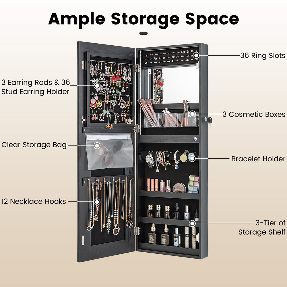 Lockable black jewelry mirror cabinet with LED lights, featuring ample storage for earrings, necklaces, and cosmetics.
