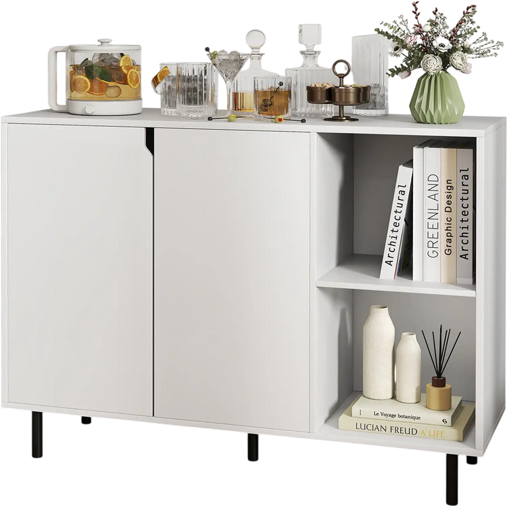 White 42-inch sideboard buffet cabinet with adjustable shelves, perfect for organizing kitchenware in any room.
