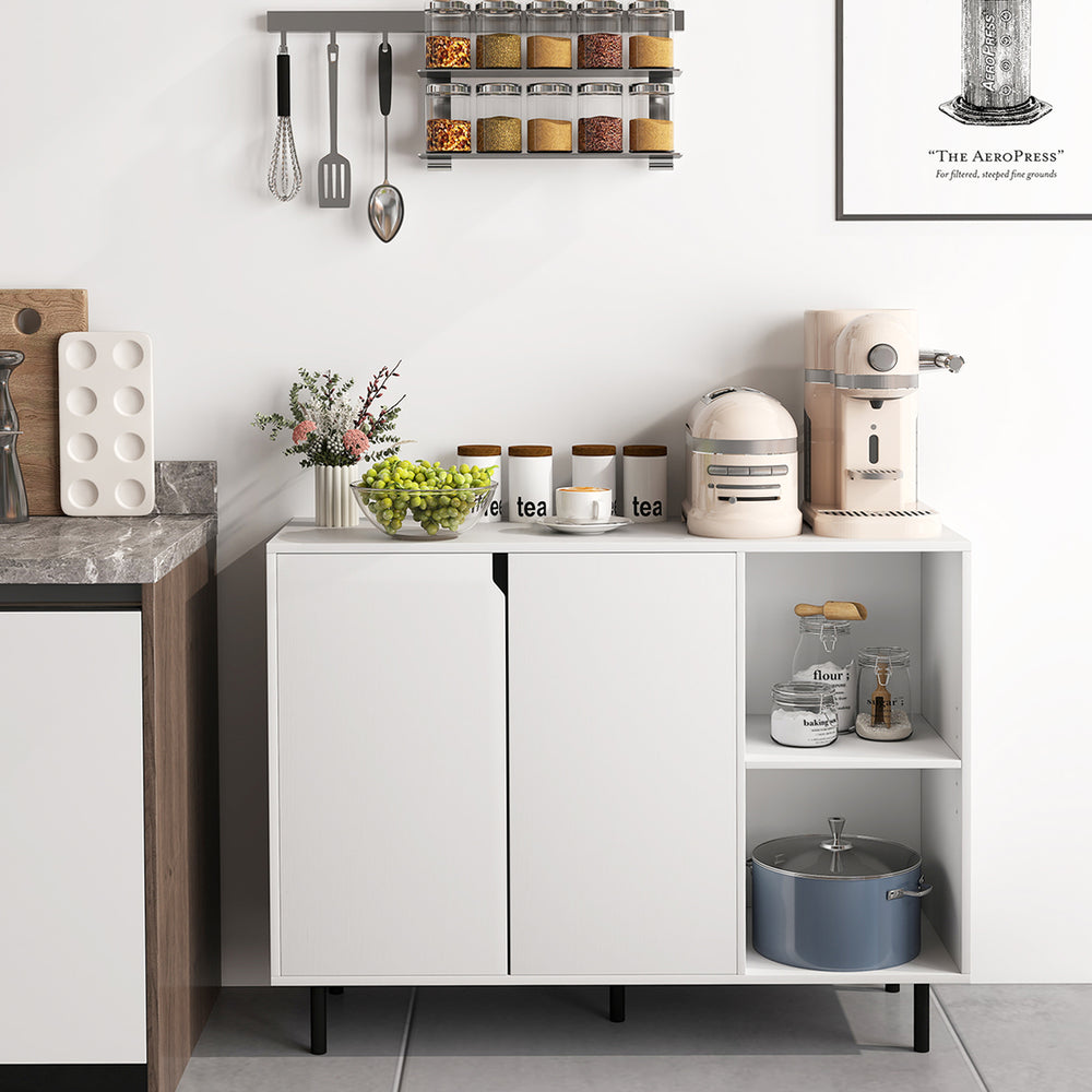 White 42-inch sideboard buffet cabinet with adjustable shelves, soft close hinges, and spacious countertop for kitchen.