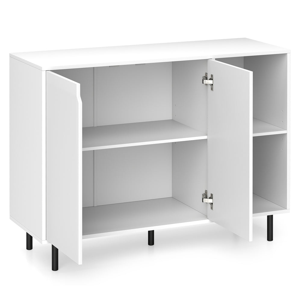 White 42-inch sideboard buffet cabinet with adjustable shelves and soft close hinges, ideal for kitchen or living room.