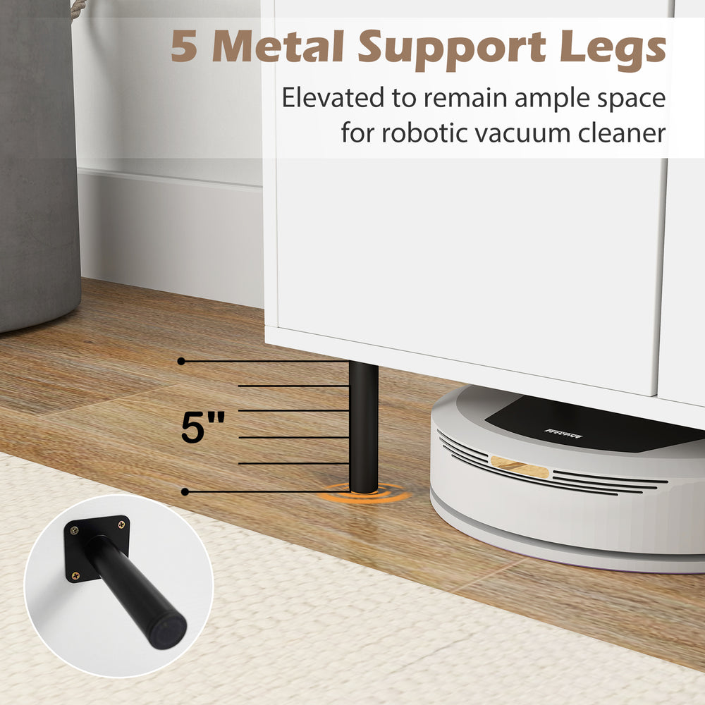 Five sturdy metal legs elevate the 42-inch white buffet cabinet, allowing space for robotic vacuum cleaners underneath.