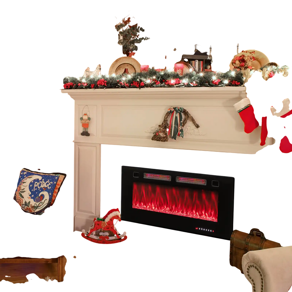 42-inch ultra-thin electric fireplace with decorative crystals, showcasing vibrant flame colors and smart app control.