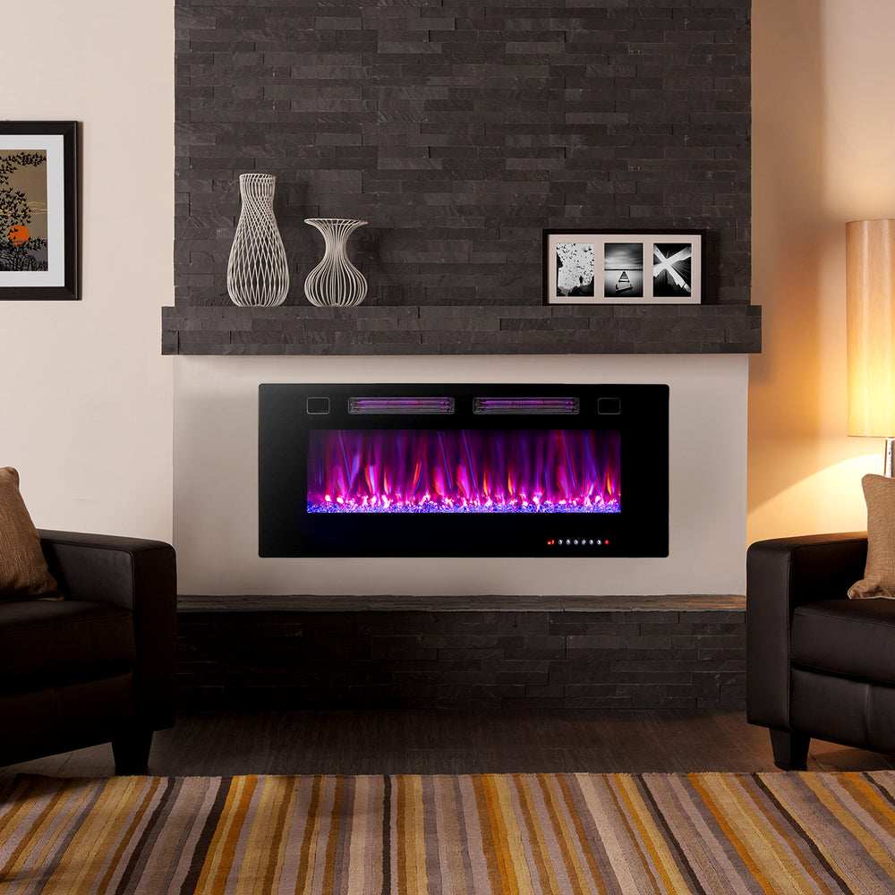 42-inch ultra-thin electric fireplace with decorative crystals, showcasing vibrant flame colors, ideal for indoor.