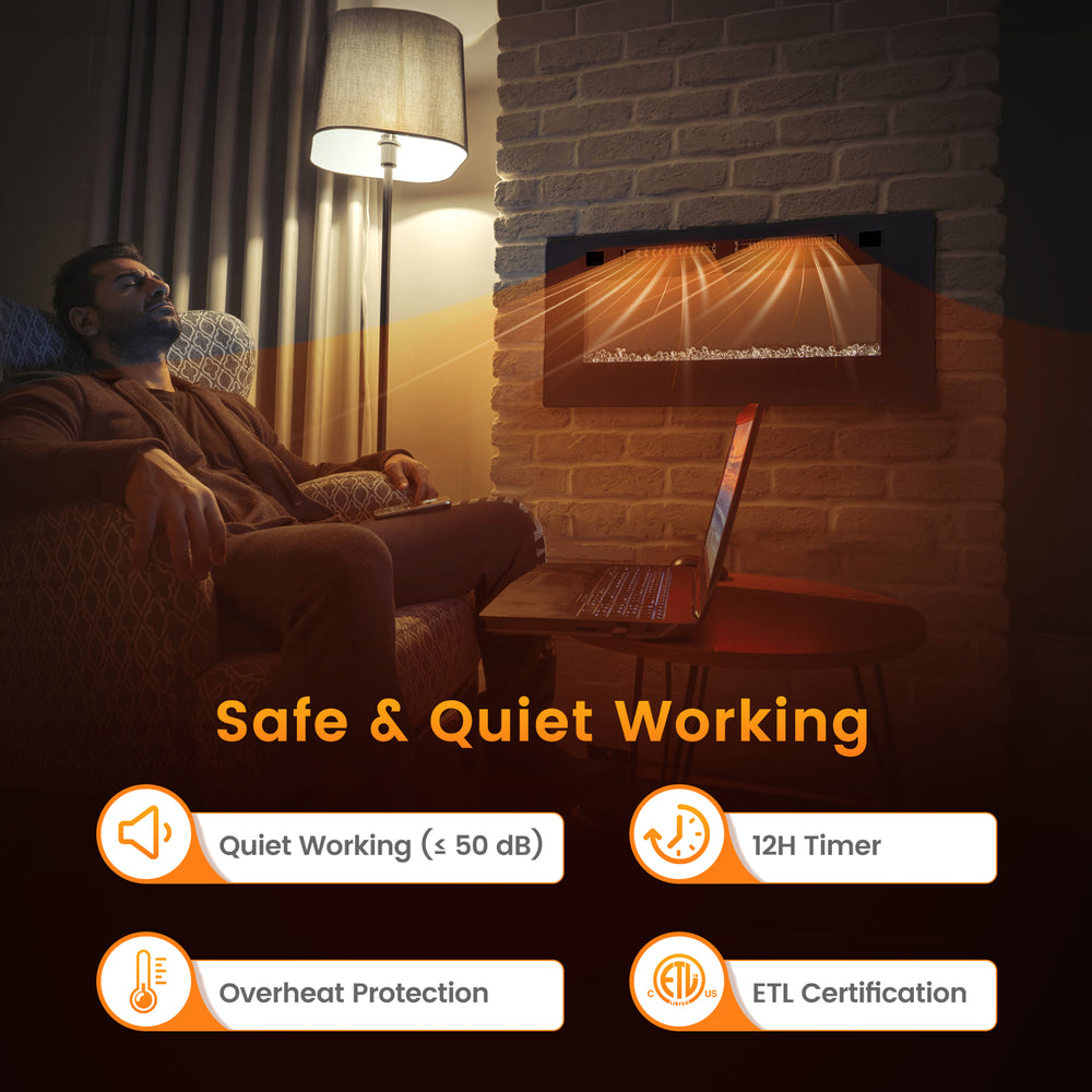 42-inch ultra-thin electric fireplace with decorative crystals, remote control, and 12H timer for safe, quiet heating.