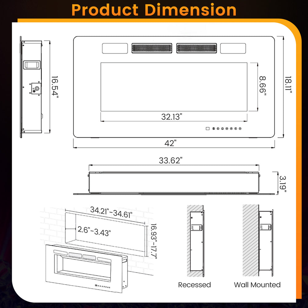 42-inch ultra-thin electric fireplace dimensions with wall-mounted and recessed installation options for versatile use.