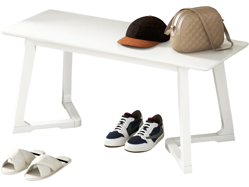 Modern 42-inch white entryway bench with rubber wood legs, ideal for shoe storage and versatile use in any room.
