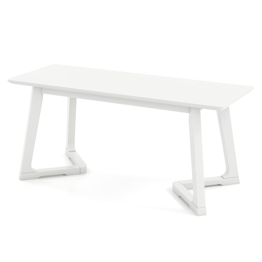 White 42-inch modern entryway bench with rubber wood legs, suitable for dining or as a shoe bench in various spaces.