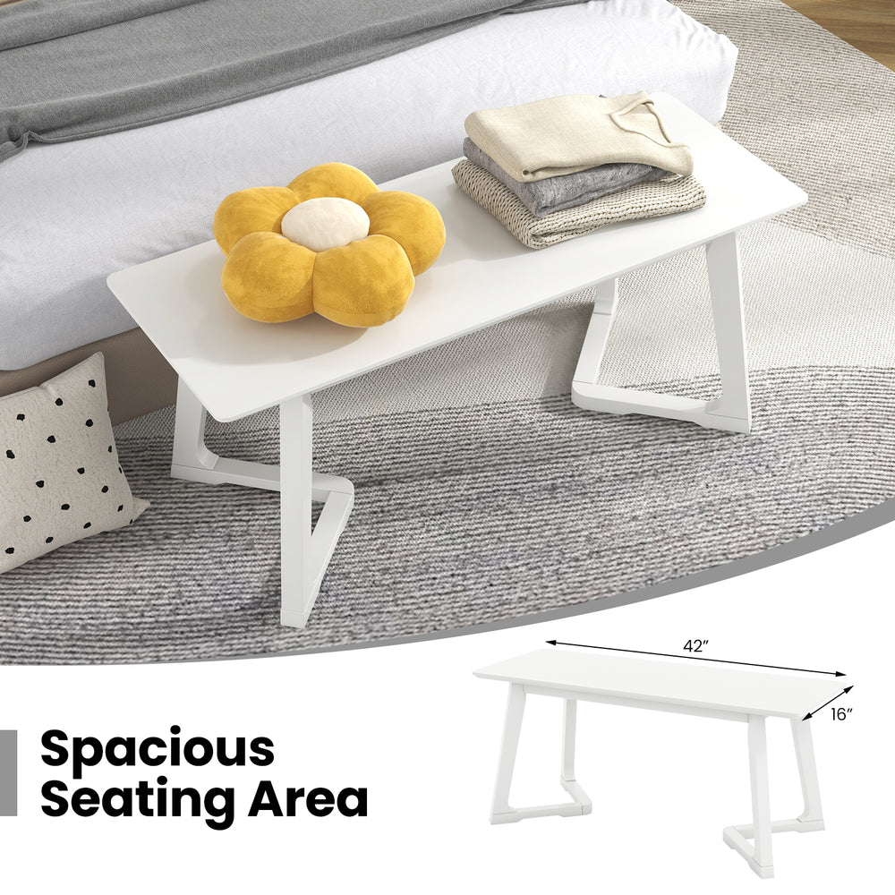 Modern 42-inch white entryway bench with rubber wood legs, spacious seating area for versatile use in any room.