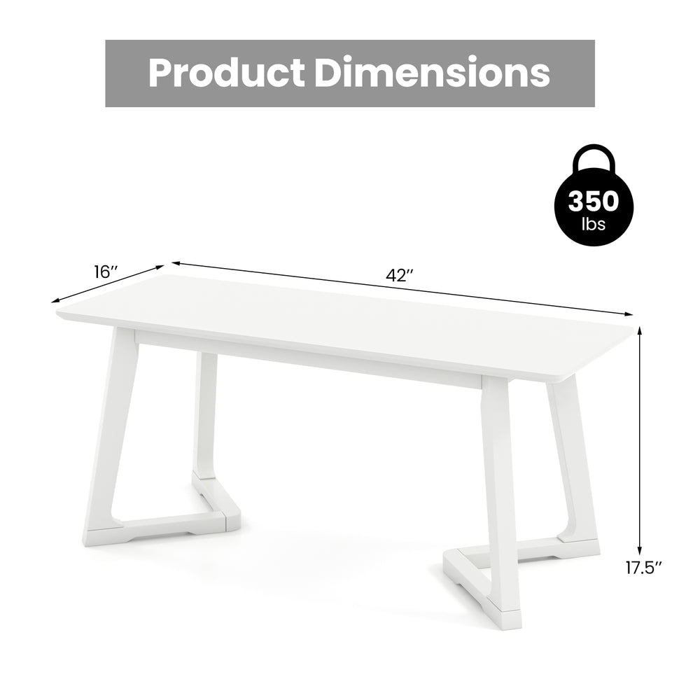 Dimensions of the 42-inch white entryway bench with rubber wood legs, supporting up to 342 lbs for versatile use.